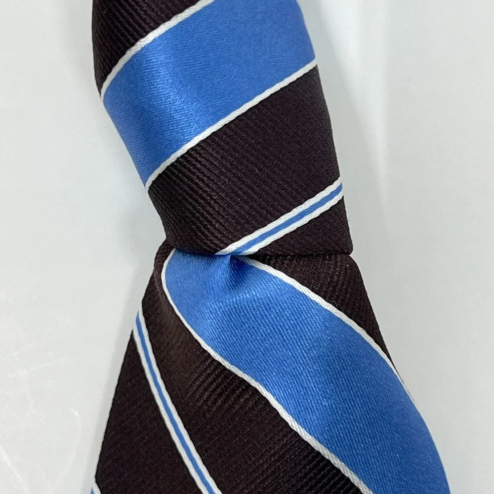Tommy‎ Hilfiger Men's 100% Silk Tie Stripe Brown/Sky Blue/White Vintage NWT